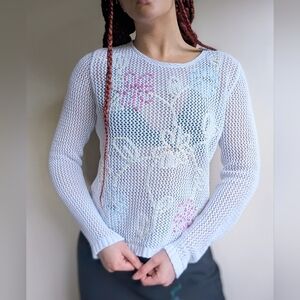 Christopher & Banks Vintage Y2K Hand-Knit Floral Embroidered Crochet Sweatshirt